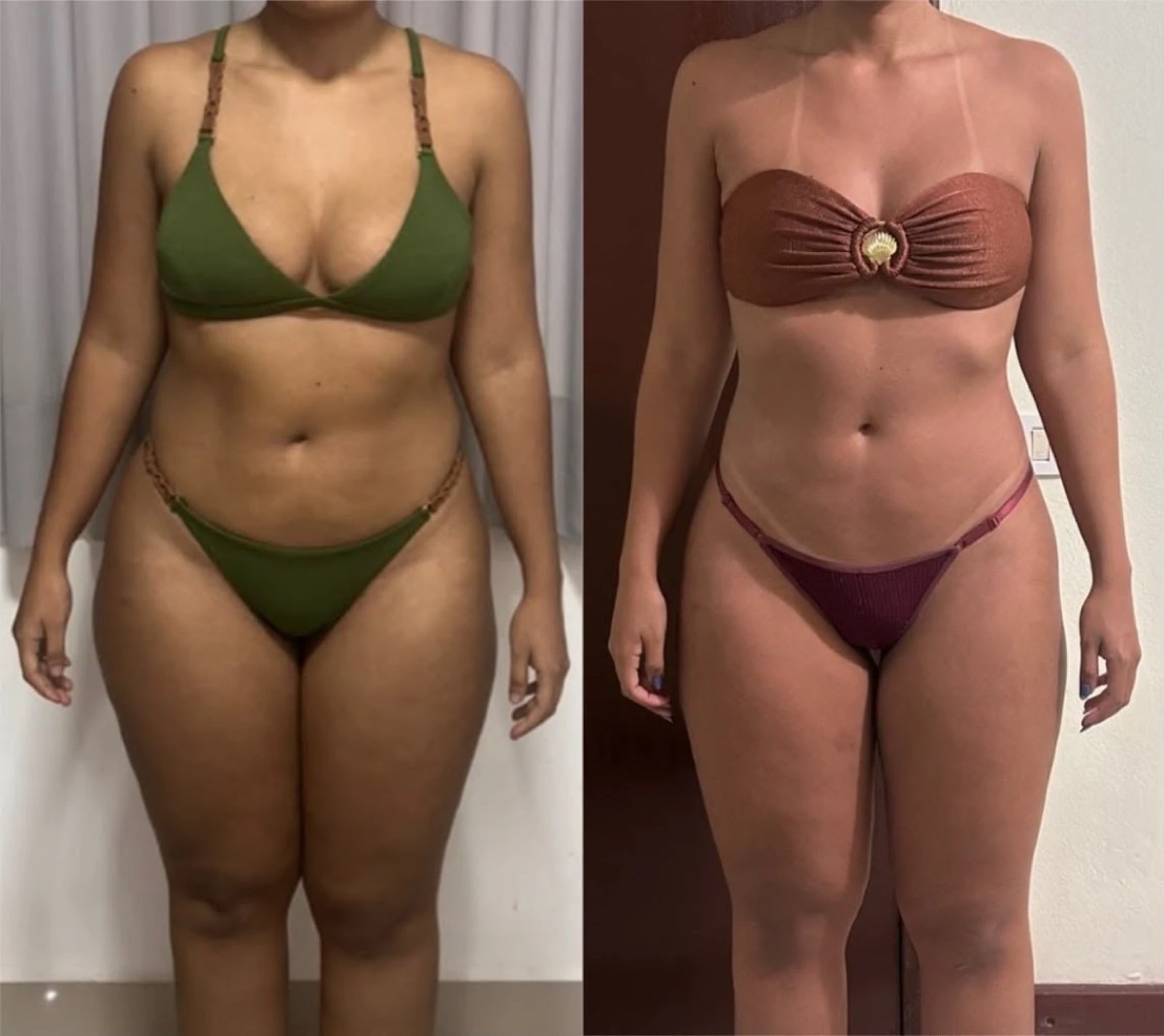 Antes e depois de aluna, de frente: à esquerda, o corpo no início; à direita, cintura mais marcada e pernas mais definidas.