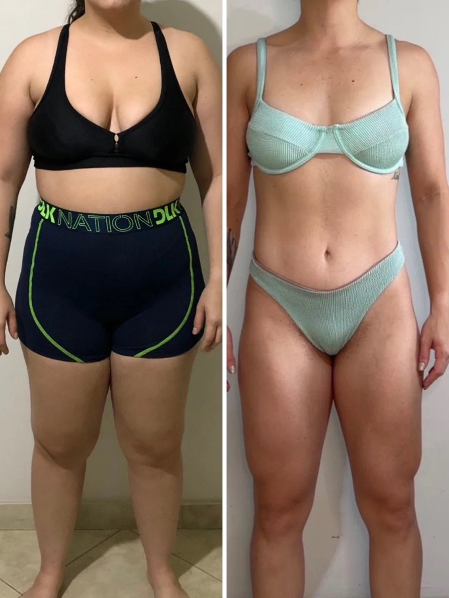 Antes e depois de aluna, de frente: à direita, menos gordura na barriga e nas pernas.