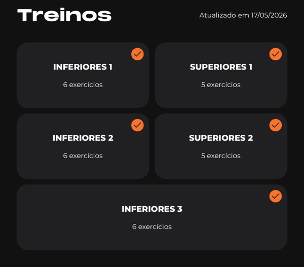 Tela do app com a lista de treinos: Inferiores 1, 2 e 3 e Superiores 1 e 2, cada um com o número de exercícios.